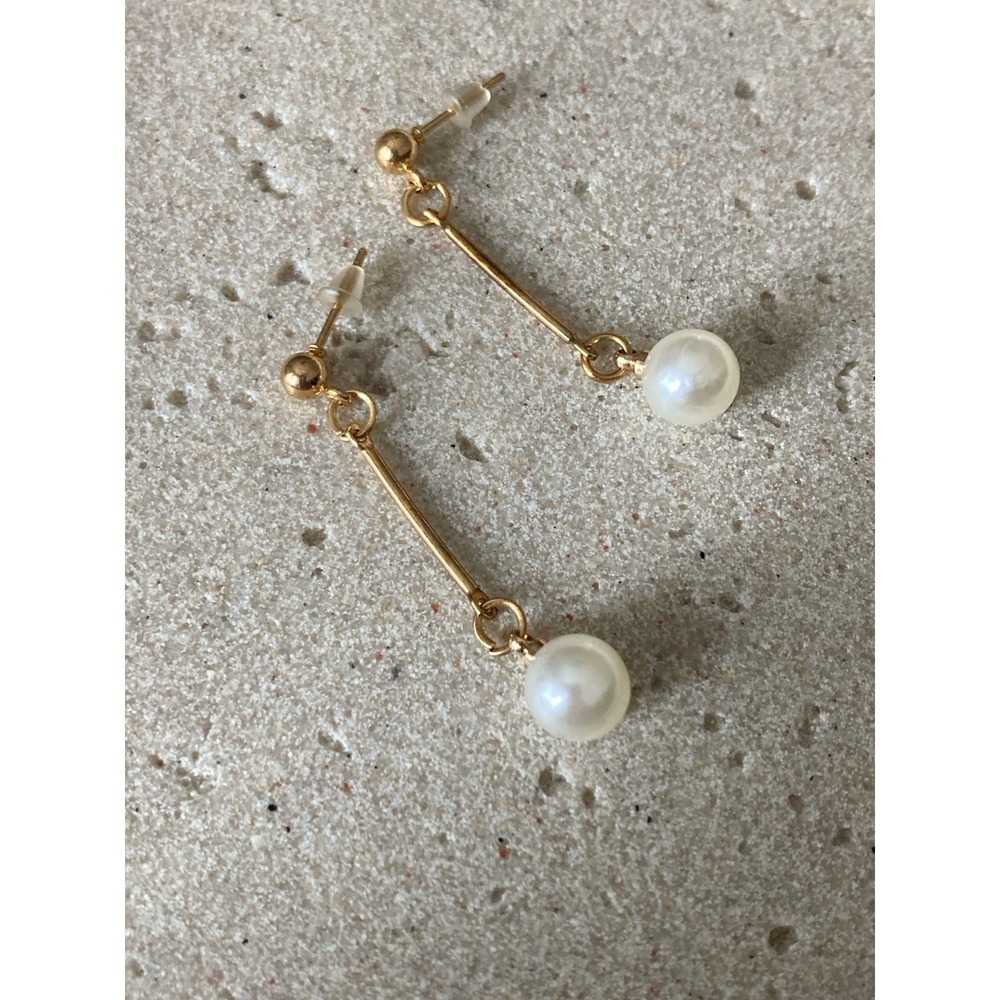 Gold Tone Fauxā Pearl Linear Dangle Earrings Modern Minimalist Dainty Romantic